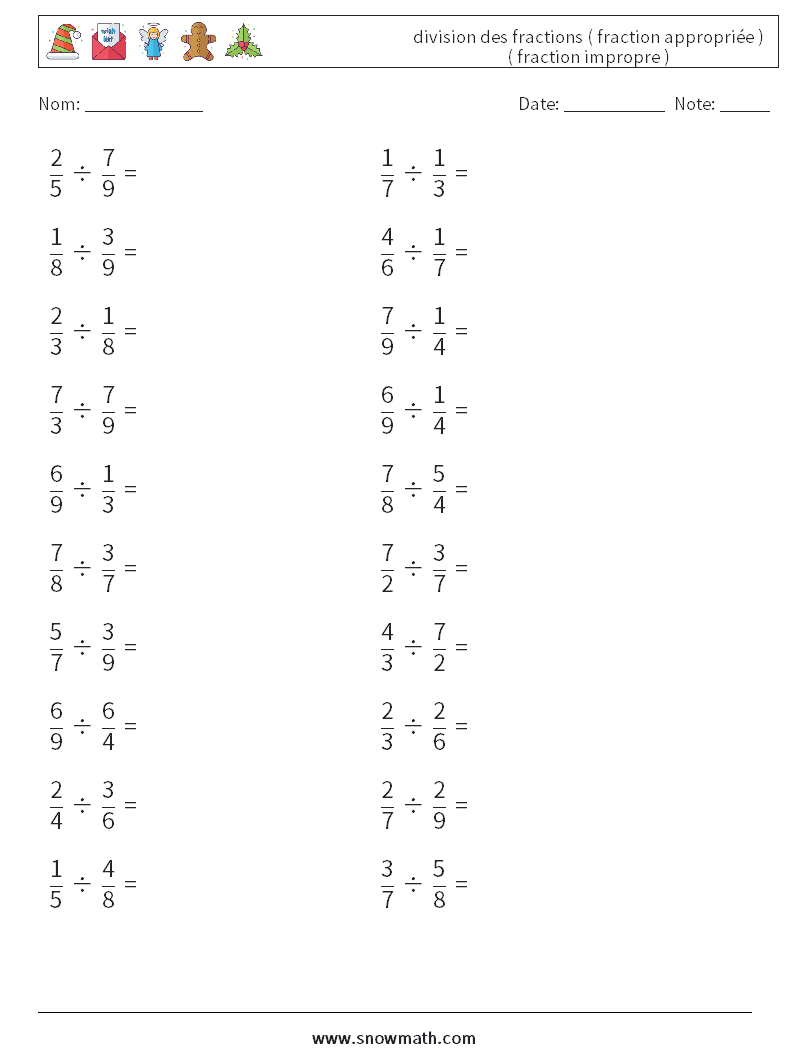 (20) division des fractions ( fraction appropriée ) ( fraction impropre ) Fiches d'Exercices de Mathématiques 12