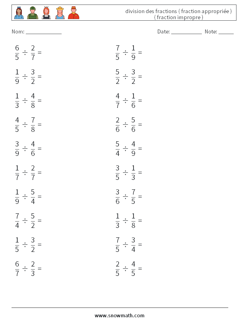 (20) division des fractions ( fraction appropriée ) ( fraction impropre ) Fiches d'Exercices de Mathématiques 13