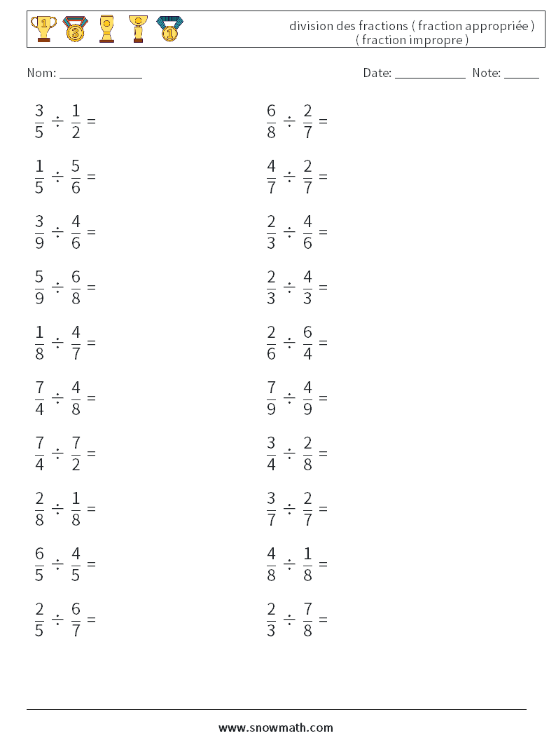 (20) division des fractions ( fraction appropriée ) ( fraction impropre ) Fiches d'Exercices de Mathématiques 15
