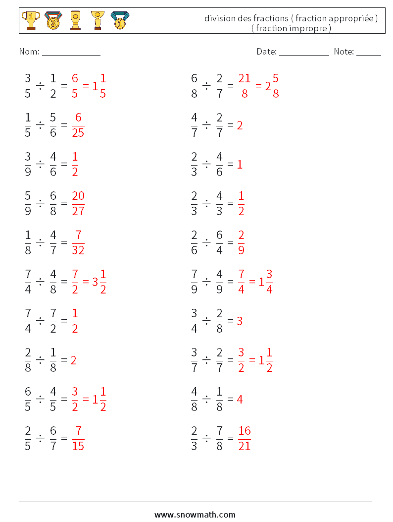 (20) division des fractions ( fraction appropriée ) ( fraction impropre ) Fiches d'Exercices de Mathématiques 15 Question, Réponse