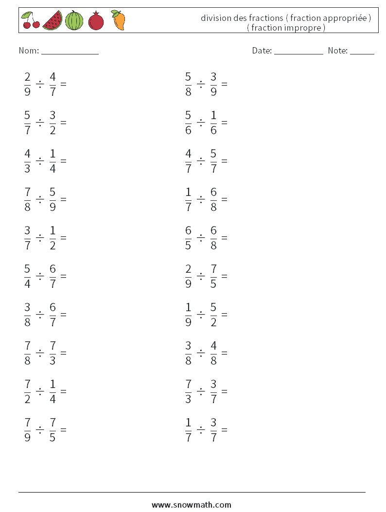 (20) division des fractions ( fraction appropriée ) ( fraction impropre ) Fiches d'Exercices de Mathématiques 16
