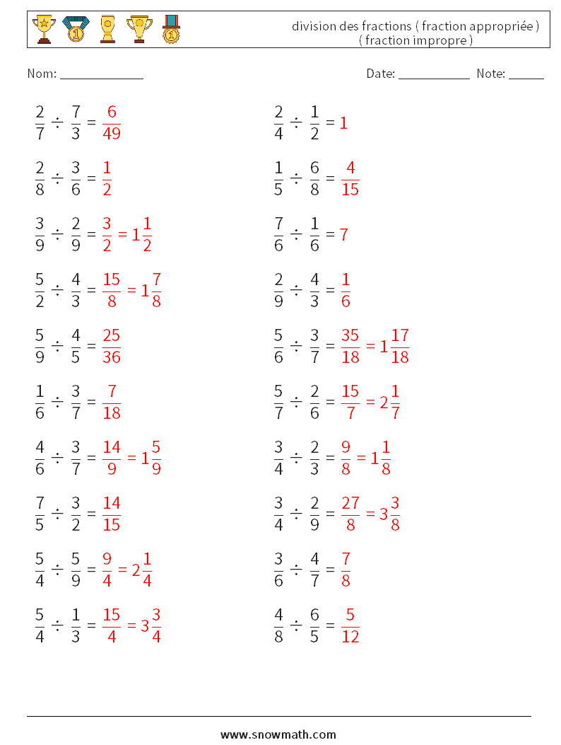 (20) division des fractions ( fraction appropriée ) ( fraction impropre ) Fiches d'Exercices de Mathématiques 17 Question, Réponse