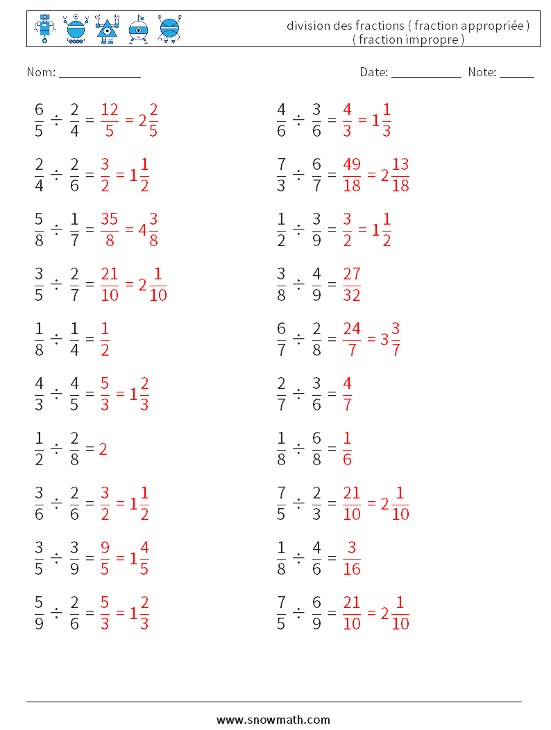 (20) division des fractions ( fraction appropriée ) ( fraction impropre ) Fiches d'Exercices de Mathématiques 1 Question, Réponse