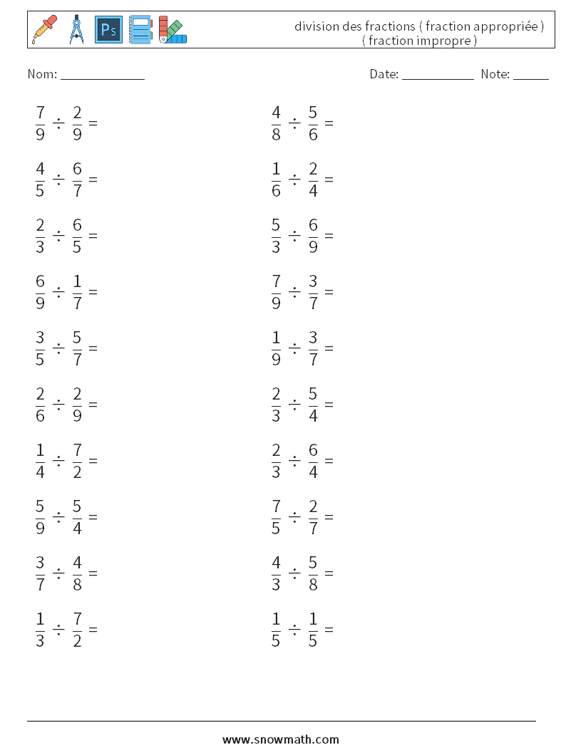 (20) division des fractions ( fraction appropriée ) ( fraction impropre ) Fiches d'Exercices de Mathématiques 2