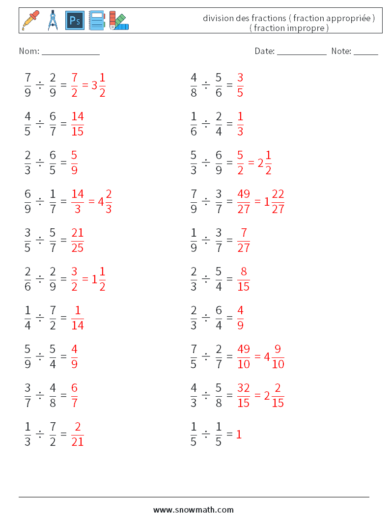 (20) division des fractions ( fraction appropriée ) ( fraction impropre ) Fiches d'Exercices de Mathématiques 2 Question, Réponse