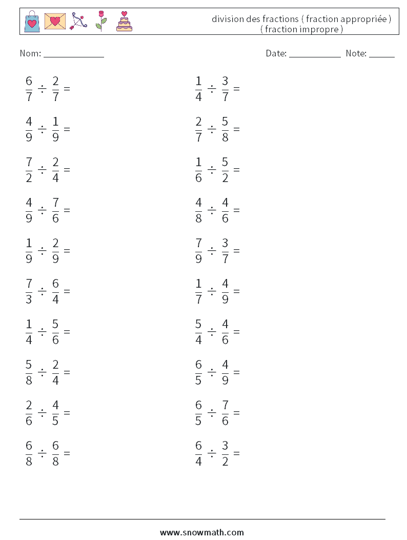 (20) division des fractions ( fraction appropriée ) ( fraction impropre ) Fiches d'Exercices de Mathématiques 3