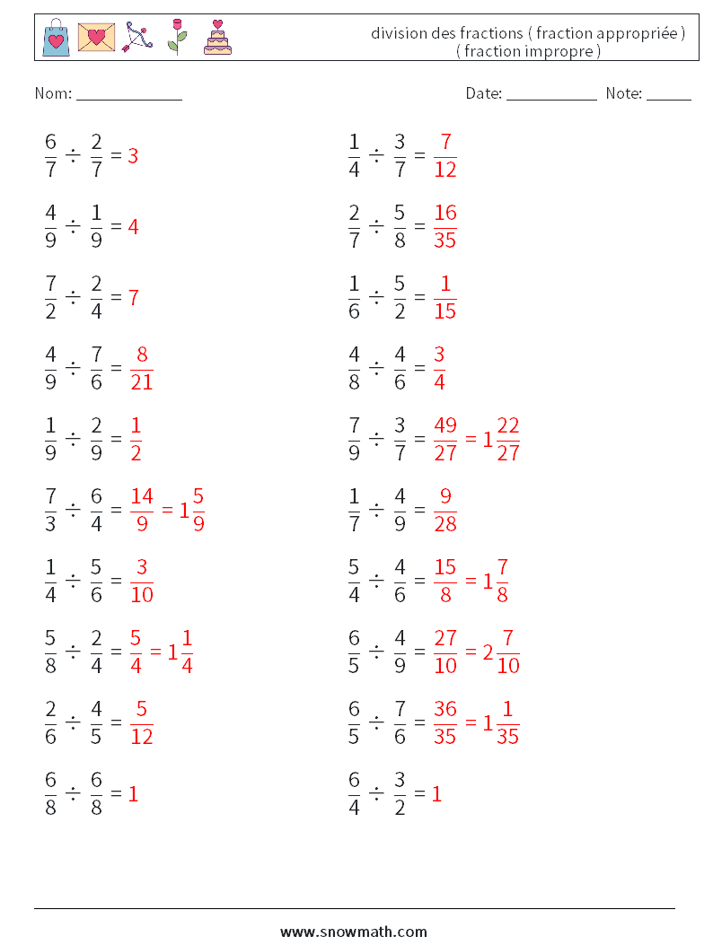 (20) division des fractions ( fraction appropriée ) ( fraction impropre ) Fiches d'Exercices de Mathématiques 3 Question, Réponse