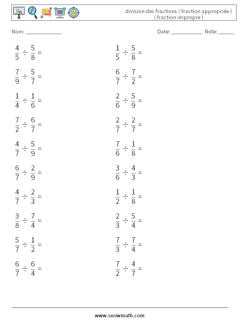 (20) division des fractions ( fraction appropriée ) ( fraction impropre ) Fiches d'Exercices de Mathématiques 4