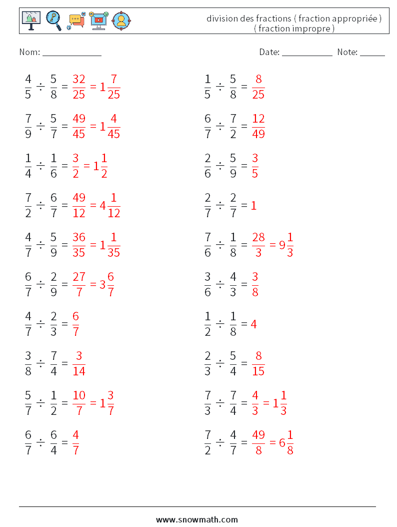 (20) division des fractions ( fraction appropriée ) ( fraction impropre ) Fiches d'Exercices de Mathématiques 4 Question, Réponse