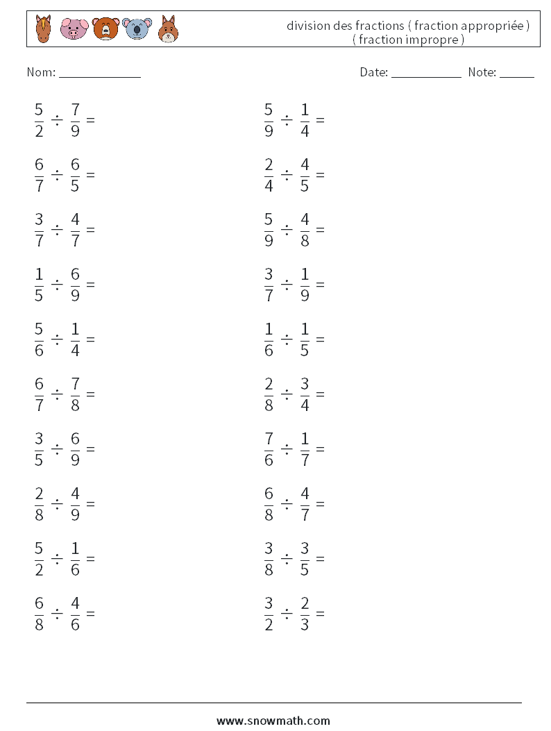 (20) division des fractions ( fraction appropriée ) ( fraction impropre ) Fiches d'Exercices de Mathématiques 5