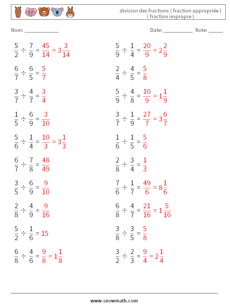 (20) division des fractions ( fraction appropriée ) ( fraction impropre ) Fiches d'Exercices de Mathématiques 5 Question, Réponse