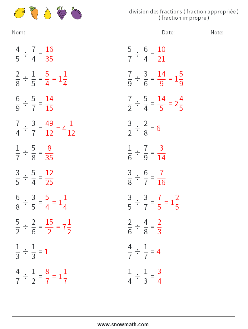 (20) division des fractions ( fraction appropriée ) ( fraction impropre ) Fiches d'Exercices de Mathématiques 6 Question, Réponse