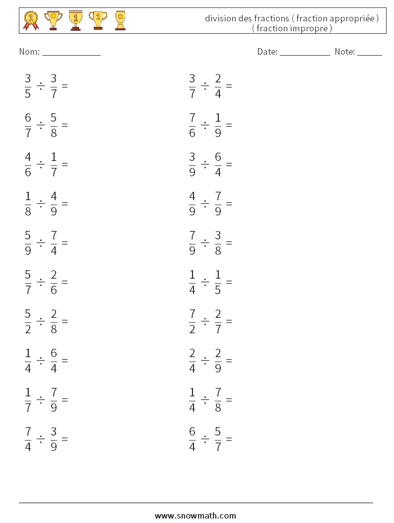 (20) division des fractions ( fraction appropriée ) ( fraction impropre ) Fiches d'Exercices de Mathématiques 7