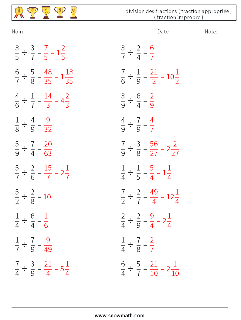 (20) division des fractions ( fraction appropriée ) ( fraction impropre ) Fiches d'Exercices de Mathématiques 7 Question, Réponse