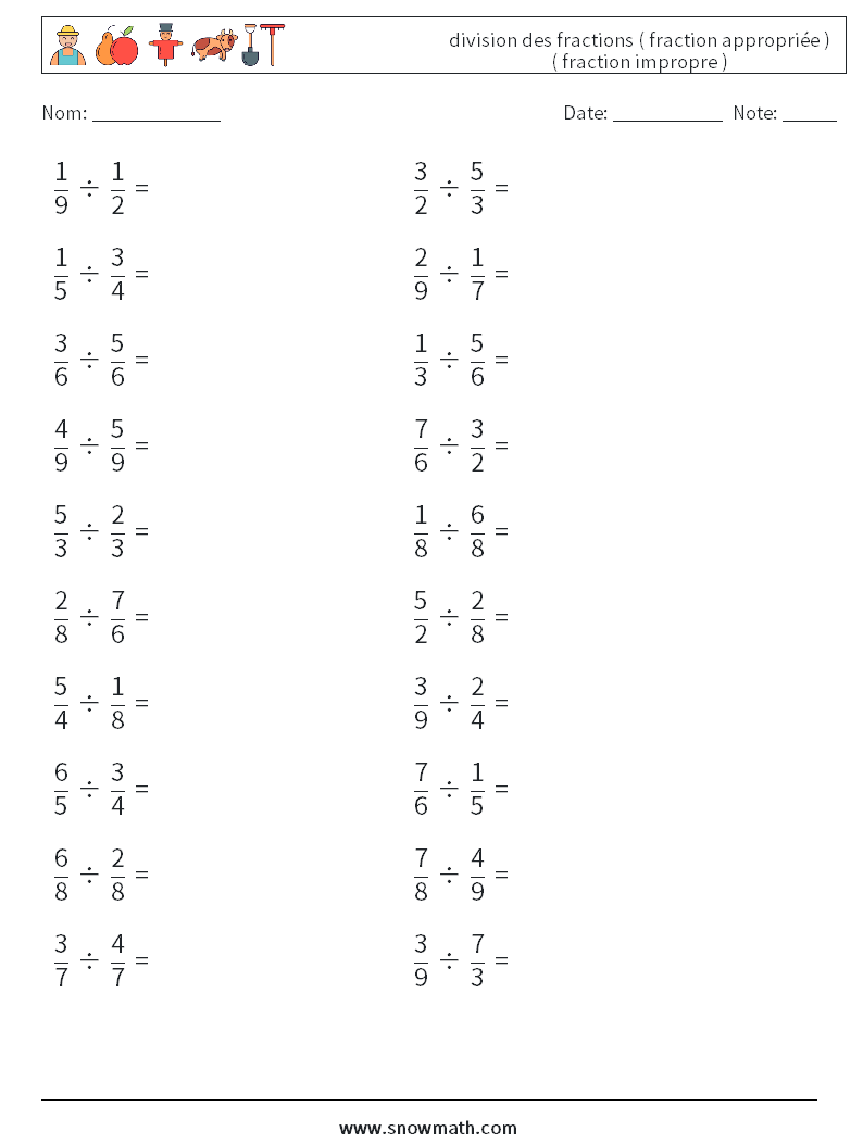 (20) division des fractions ( fraction appropriée ) ( fraction impropre ) Fiches d'Exercices de Mathématiques 8