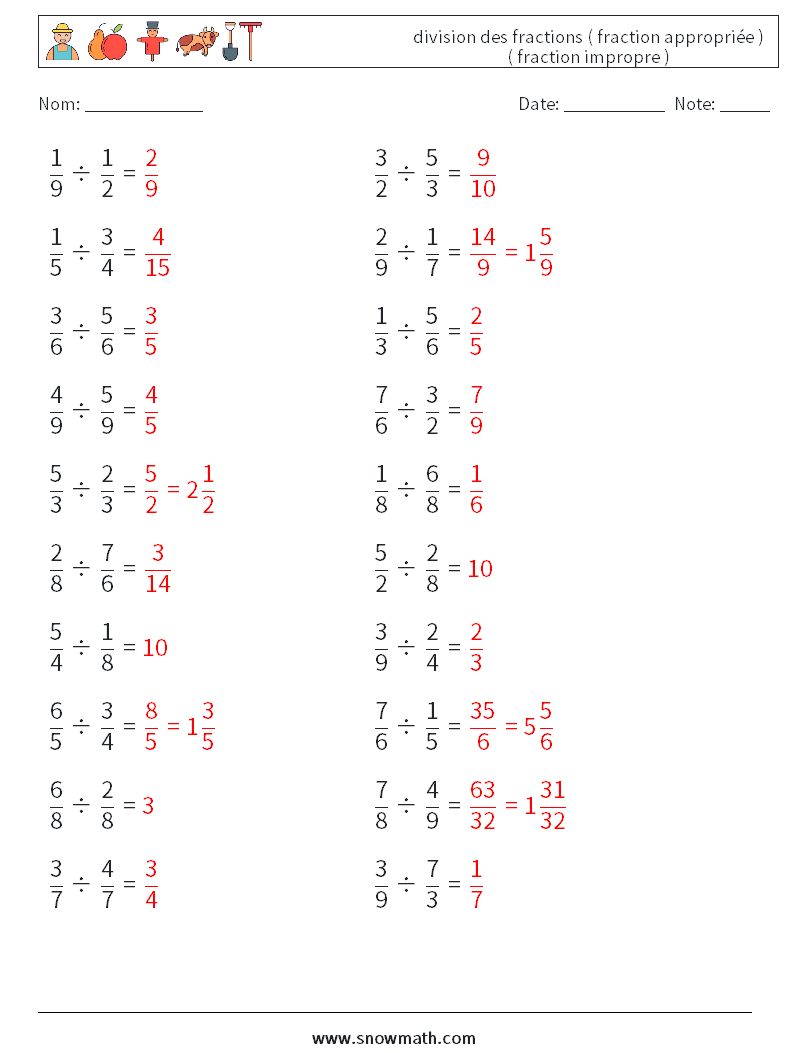 (20) division des fractions ( fraction appropriée ) ( fraction impropre ) Fiches d'Exercices de Mathématiques 8 Question, Réponse