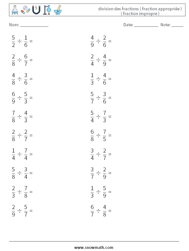 (20) division des fractions ( fraction appropriée ) ( fraction impropre ) Fiches d'Exercices de Mathématiques 9