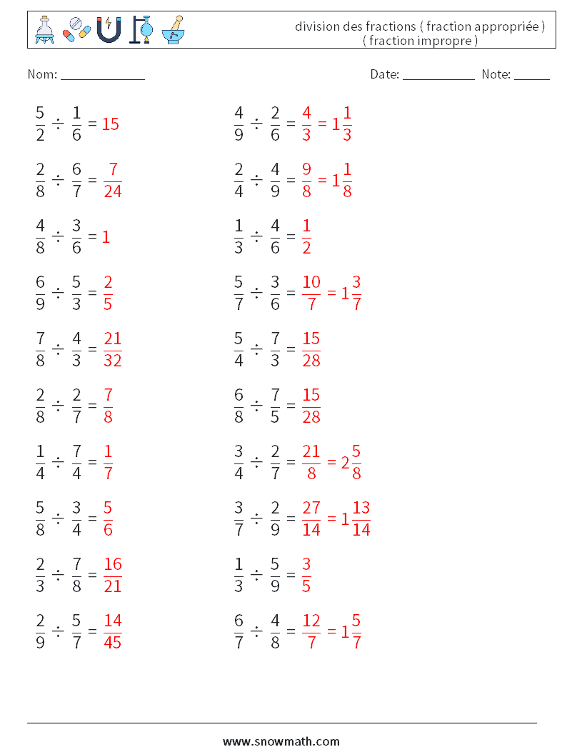 (20) division des fractions ( fraction appropriée ) ( fraction impropre ) Fiches d'Exercices de Mathématiques 9 Question, Réponse