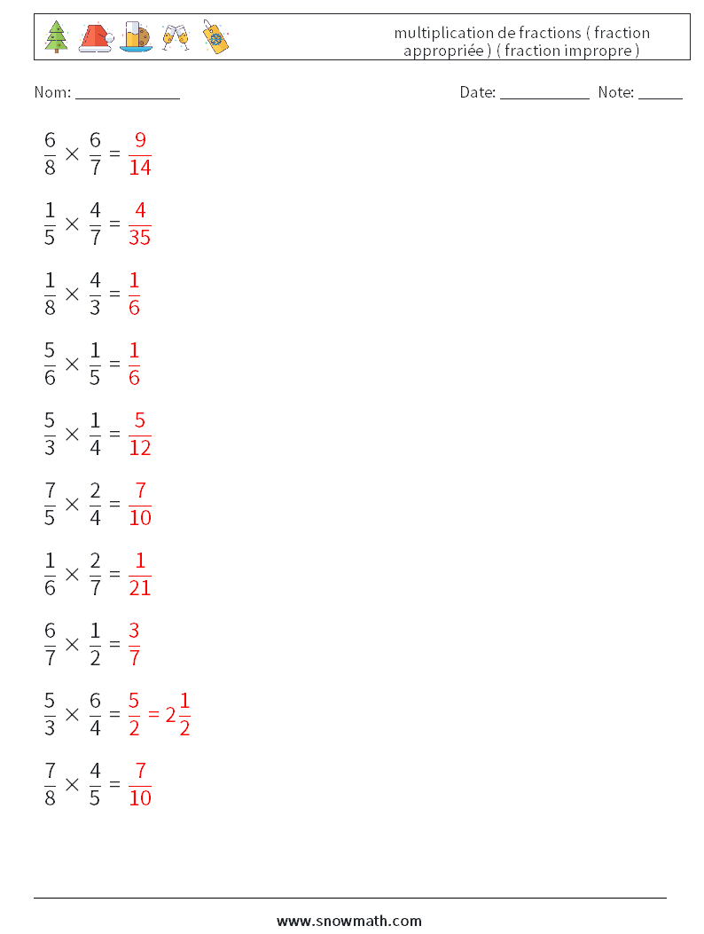 (10) multiplication de fractions ( fraction appropriée ) ( fraction impropre ) Fiches d'Exercices de Mathématiques 10 Question, Réponse
