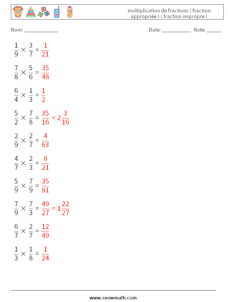 (10) multiplication de fractions ( fraction appropriée ) ( fraction impropre ) Fiches d'Exercices de Mathématiques 12 Question, Réponse