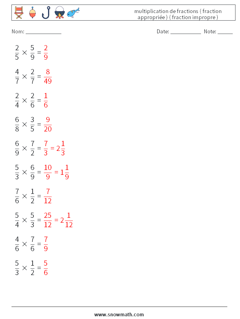 (10) multiplication de fractions ( fraction appropriée ) ( fraction impropre ) Fiches d'Exercices de Mathématiques 13 Question, Réponse