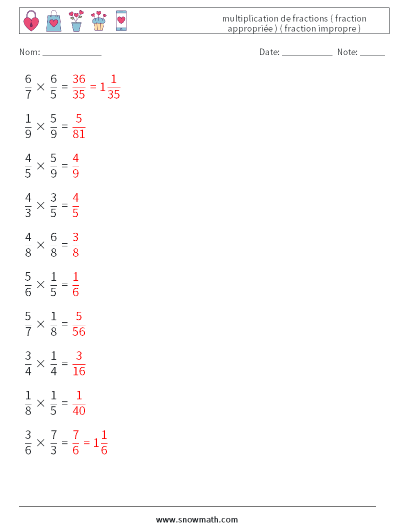 (10) multiplication de fractions ( fraction appropriée ) ( fraction impropre ) Fiches d'Exercices de Mathématiques 18 Question, Réponse