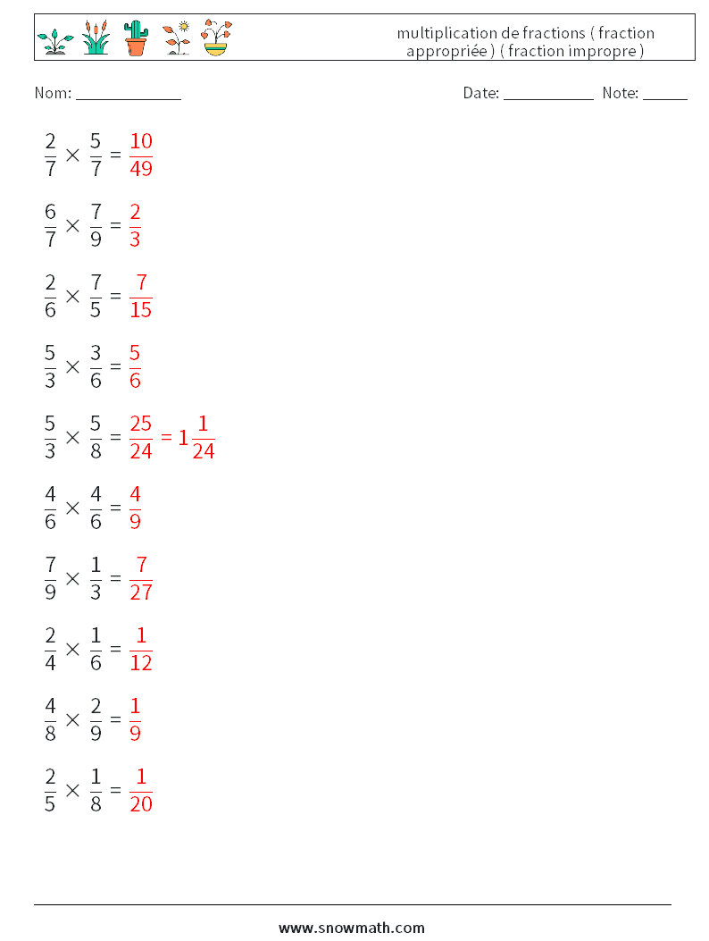 (10) multiplication de fractions ( fraction appropriée ) ( fraction impropre ) Fiches d'Exercices de Mathématiques 3 Question, Réponse