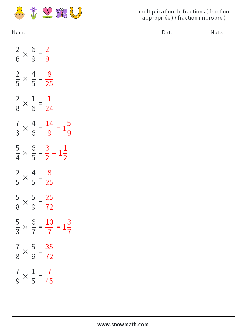 (10) multiplication de fractions ( fraction appropriée ) ( fraction impropre ) Fiches d'Exercices de Mathématiques 9 Question, Réponse