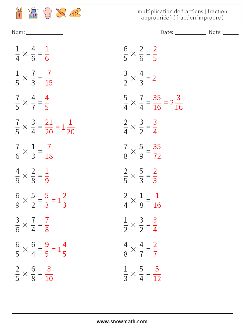 (20) multiplication de fractions ( fraction appropriée ) ( fraction impropre ) Fiches d'Exercices de Mathématiques 10 Question, Réponse
