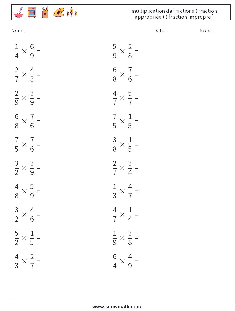 (20) multiplication de fractions ( fraction appropriée ) ( fraction impropre ) Fiches d'Exercices de Mathématiques 11