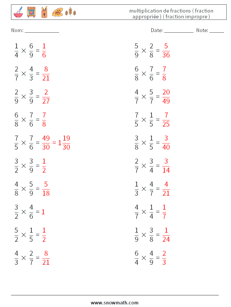 (20) multiplication de fractions ( fraction appropriée ) ( fraction impropre ) Fiches d'Exercices de Mathématiques 11 Question, Réponse