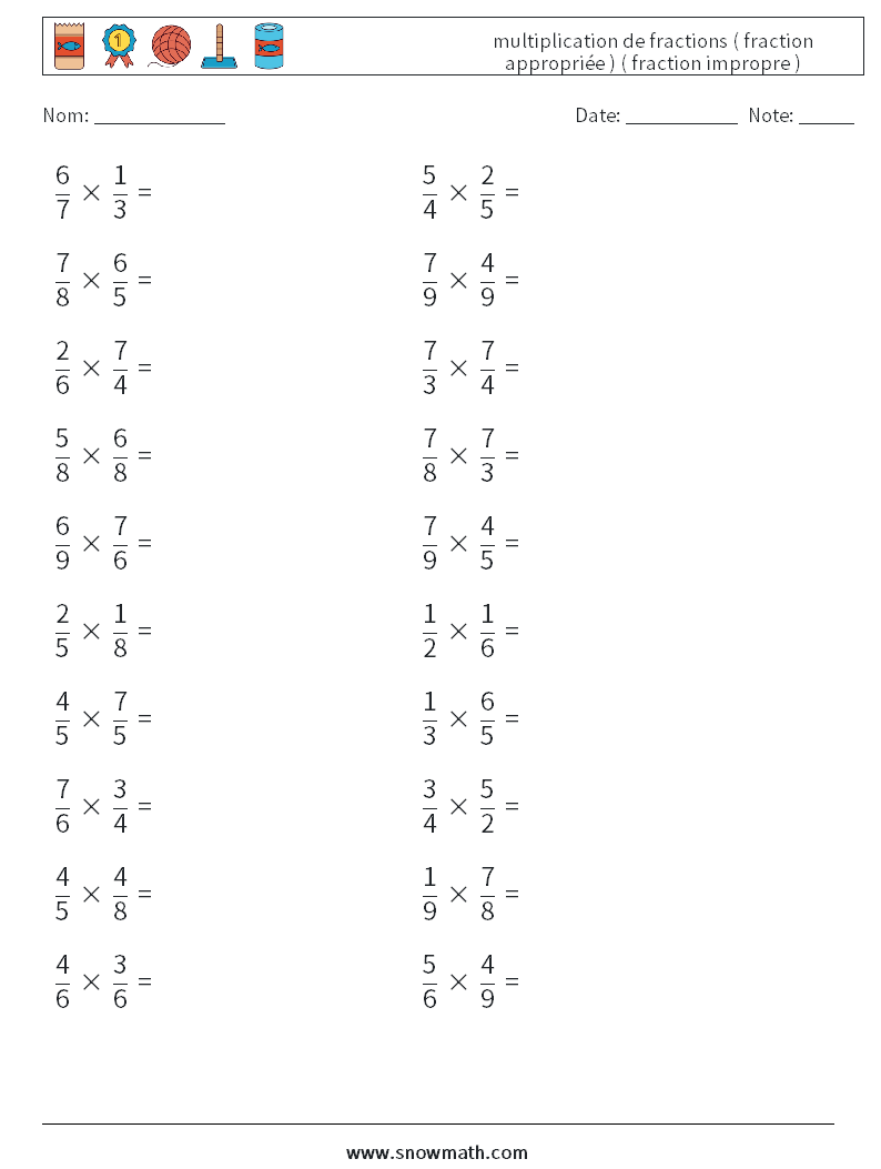 (20) multiplication de fractions ( fraction appropriée ) ( fraction impropre ) Fiches d'Exercices de Mathématiques 12