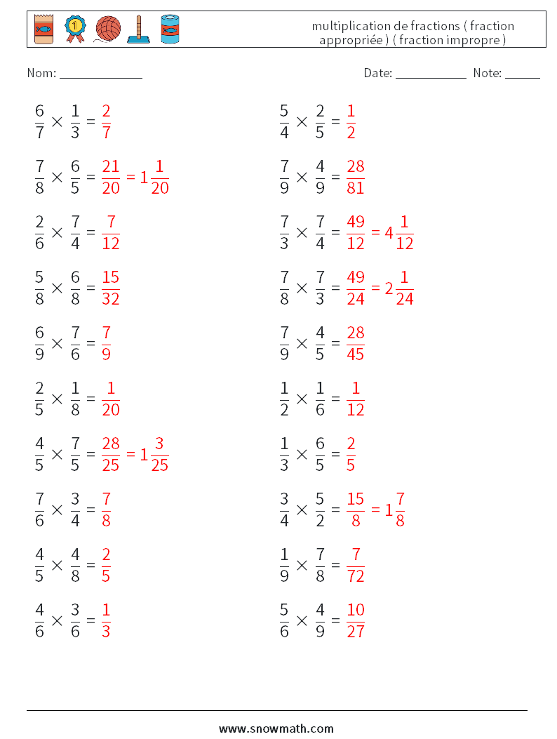 (20) multiplication de fractions ( fraction appropriée ) ( fraction impropre ) Fiches d'Exercices de Mathématiques 12 Question, Réponse