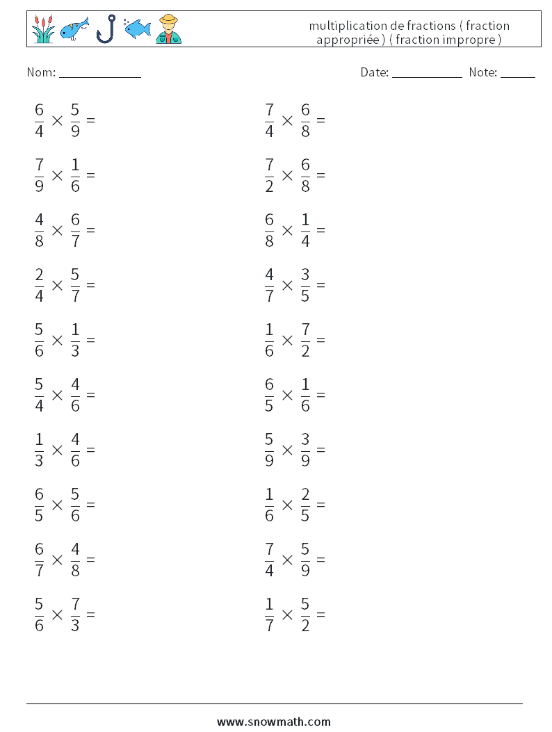 (20) multiplication de fractions ( fraction appropriée ) ( fraction impropre ) Fiches d'Exercices de Mathématiques 14
