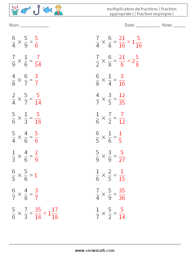 (20) multiplication de fractions ( fraction appropriée ) ( fraction impropre ) Fiches d'Exercices de Mathématiques 14 Question, Réponse