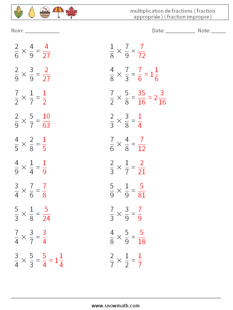 (20) multiplication de fractions ( fraction appropriée ) ( fraction impropre ) Fiches d'Exercices de Mathématiques 15 Question, Réponse