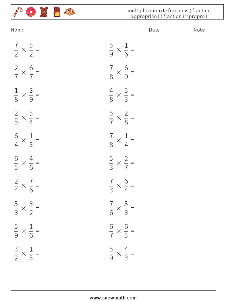 (20) multiplication de fractions ( fraction appropriée ) ( fraction impropre ) Fiches d'Exercices de Mathématiques 16