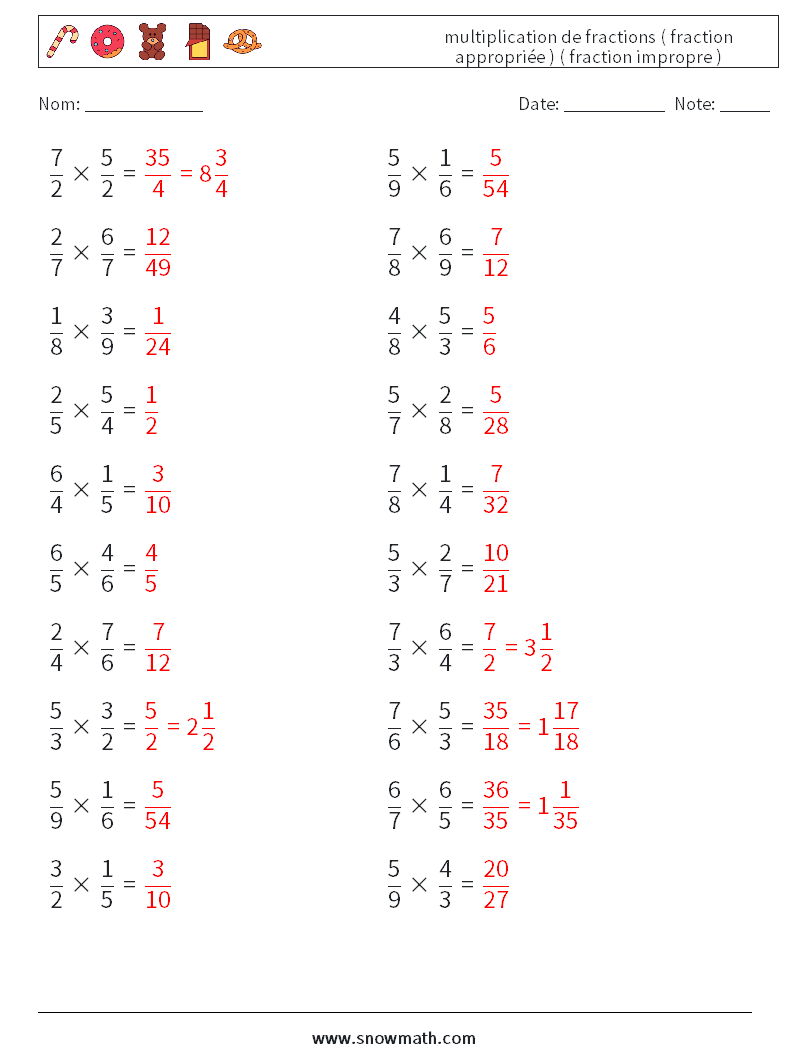 (20) multiplication de fractions ( fraction appropriée ) ( fraction impropre ) Fiches d'Exercices de Mathématiques 16 Question, Réponse