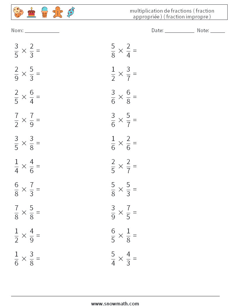 (20) multiplication de fractions ( fraction appropriée ) ( fraction impropre ) Fiches d'Exercices de Mathématiques 17