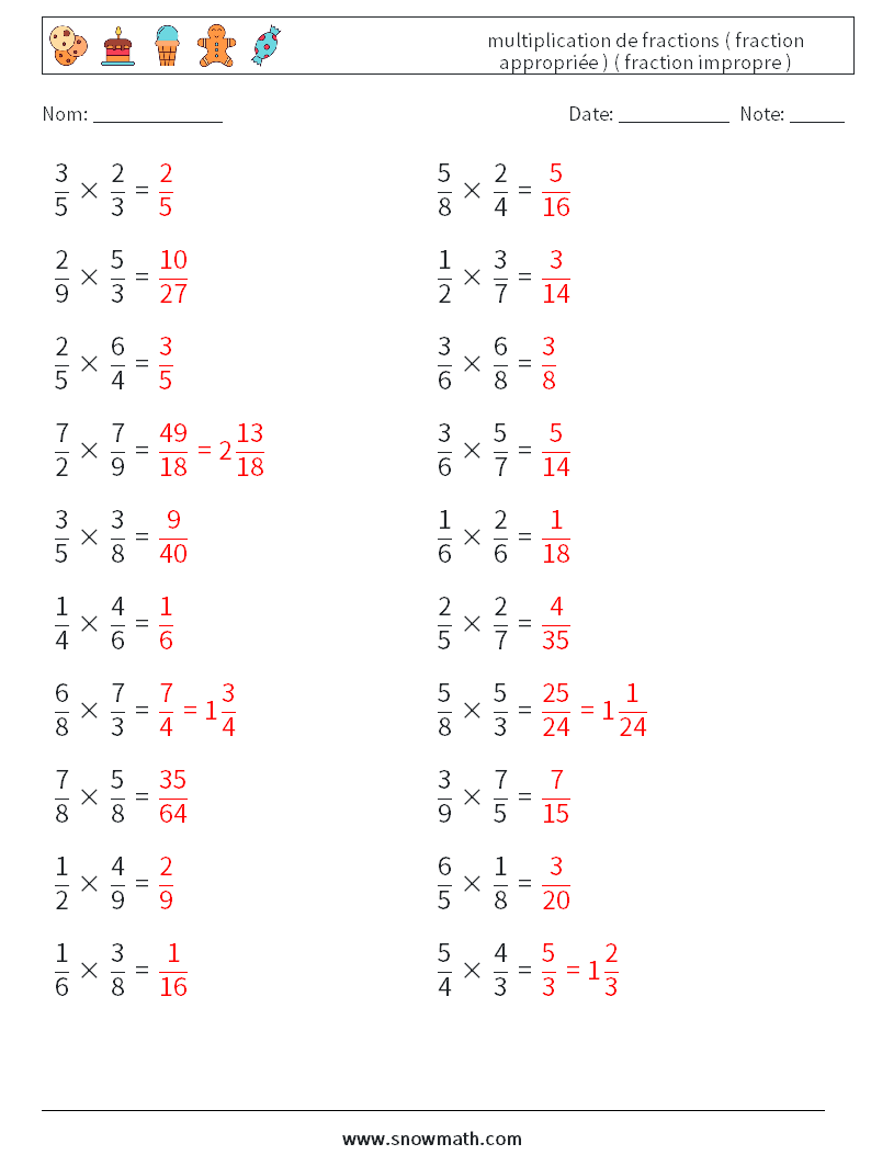 (20) multiplication de fractions ( fraction appropriée ) ( fraction impropre ) Fiches d'Exercices de Mathématiques 17 Question, Réponse