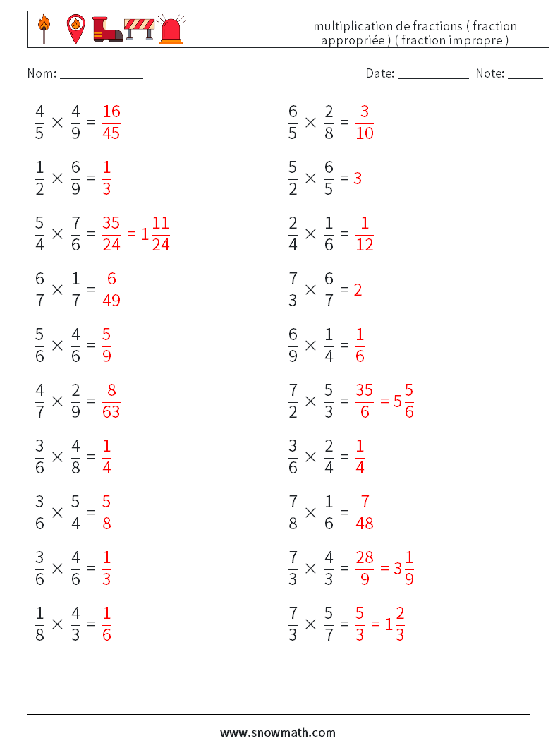 (20) multiplication de fractions ( fraction appropriée ) ( fraction impropre ) Fiches d'Exercices de Mathématiques 18 Question, Réponse