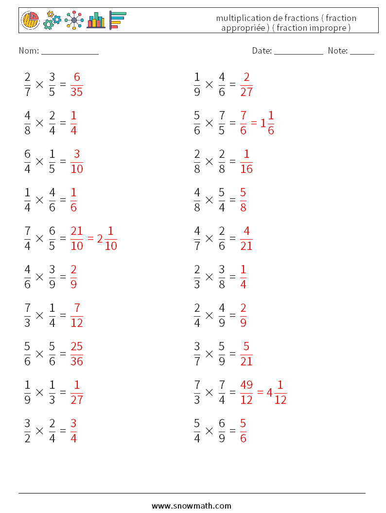 (20) multiplication de fractions ( fraction appropriée ) ( fraction impropre ) Fiches d'Exercices de Mathématiques 1 Question, Réponse
