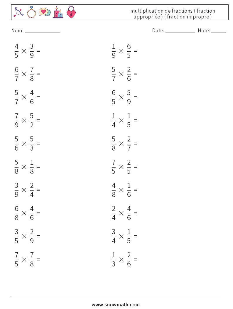 (20) multiplication de fractions ( fraction appropriée ) ( fraction impropre ) Fiches d'Exercices de Mathématiques 2