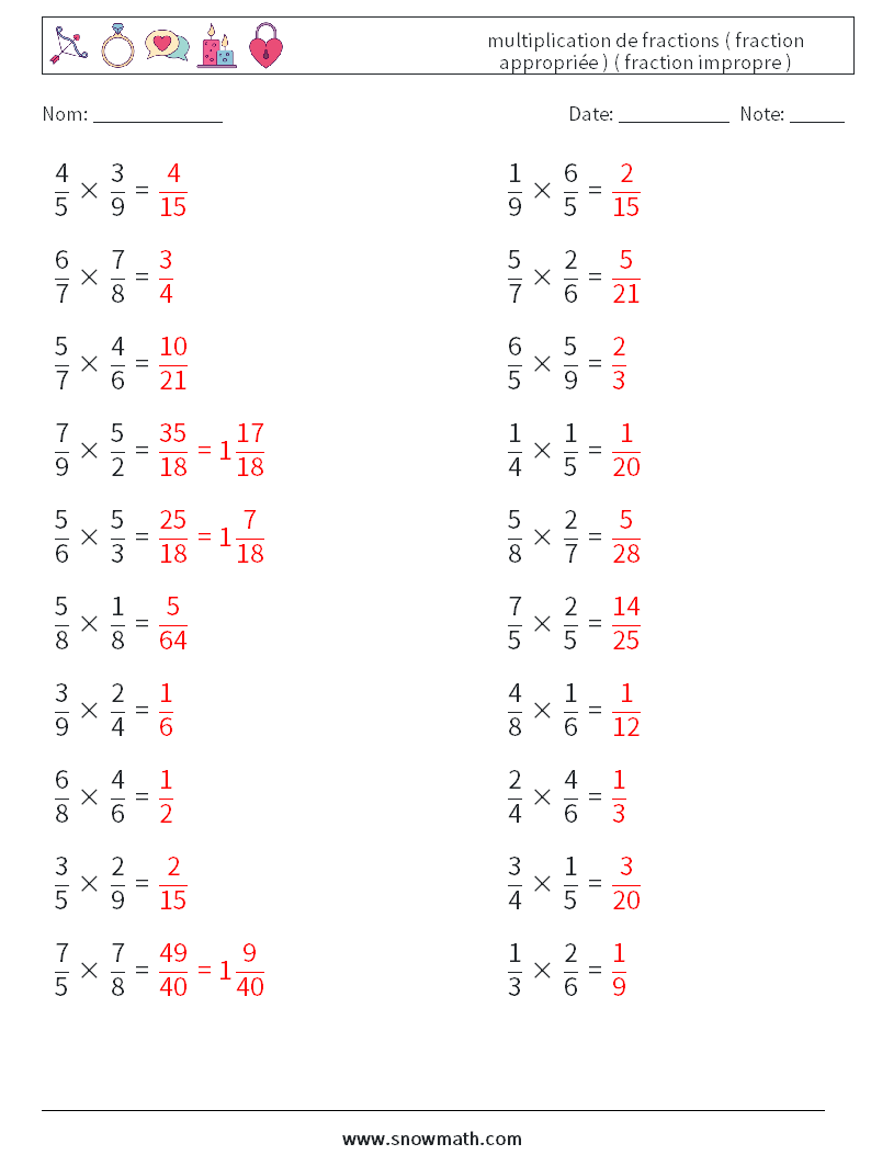 (20) multiplication de fractions ( fraction appropriée ) ( fraction impropre ) Fiches d'Exercices de Mathématiques 2 Question, Réponse