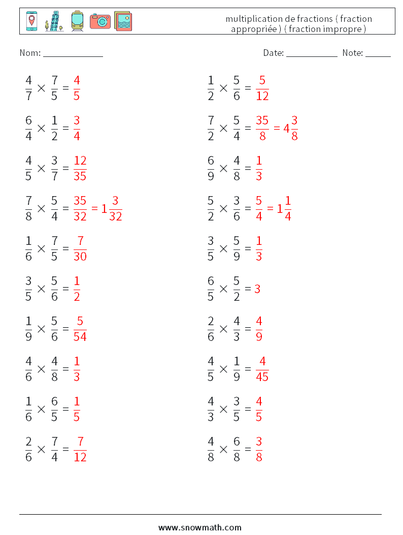 (20) multiplication de fractions ( fraction appropriée ) ( fraction impropre ) Fiches d'Exercices de Mathématiques 3 Question, Réponse