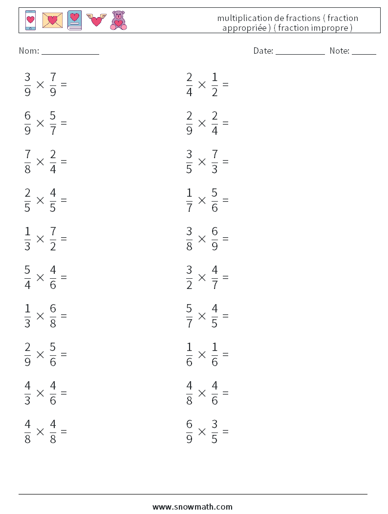 (20) multiplication de fractions ( fraction appropriée ) ( fraction impropre ) Fiches d'Exercices de Mathématiques 4