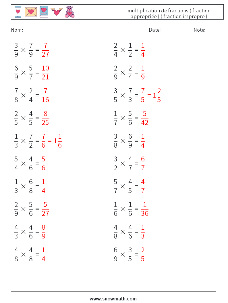 (20) multiplication de fractions ( fraction appropriée ) ( fraction impropre ) Fiches d'Exercices de Mathématiques 4 Question, Réponse