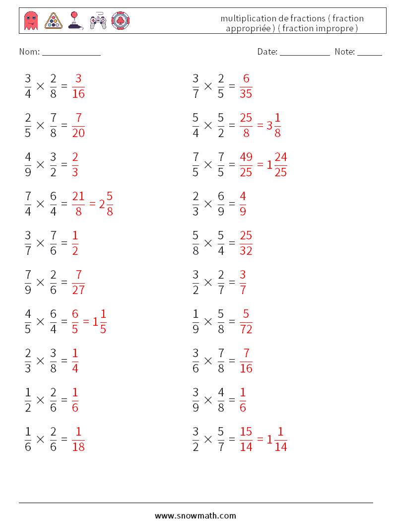 (20) multiplication de fractions ( fraction appropriée ) ( fraction impropre ) Fiches d'Exercices de Mathématiques 5 Question, Réponse