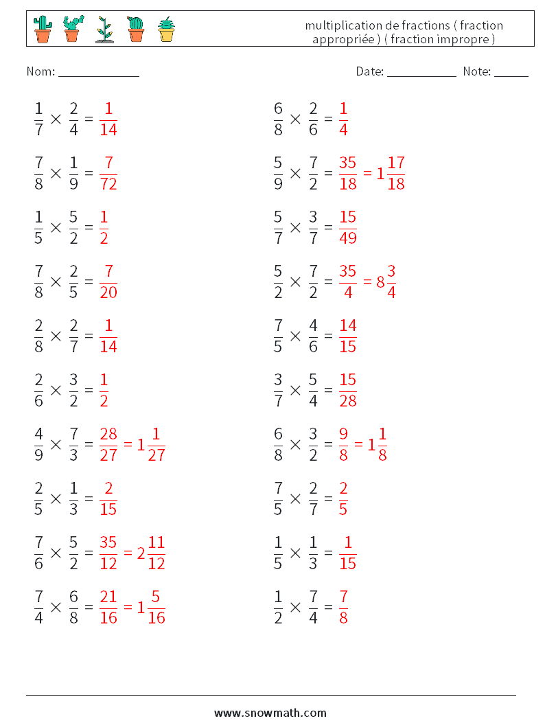 (20) multiplication de fractions ( fraction appropriée ) ( fraction impropre ) Fiches d'Exercices de Mathématiques 6 Question, Réponse