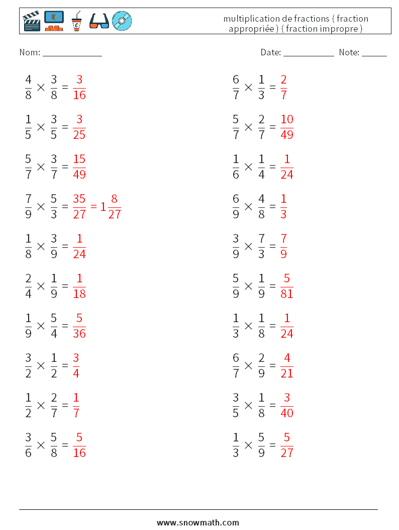 (20) multiplication de fractions ( fraction appropriée ) ( fraction impropre ) Fiches d'Exercices de Mathématiques 7 Question, Réponse